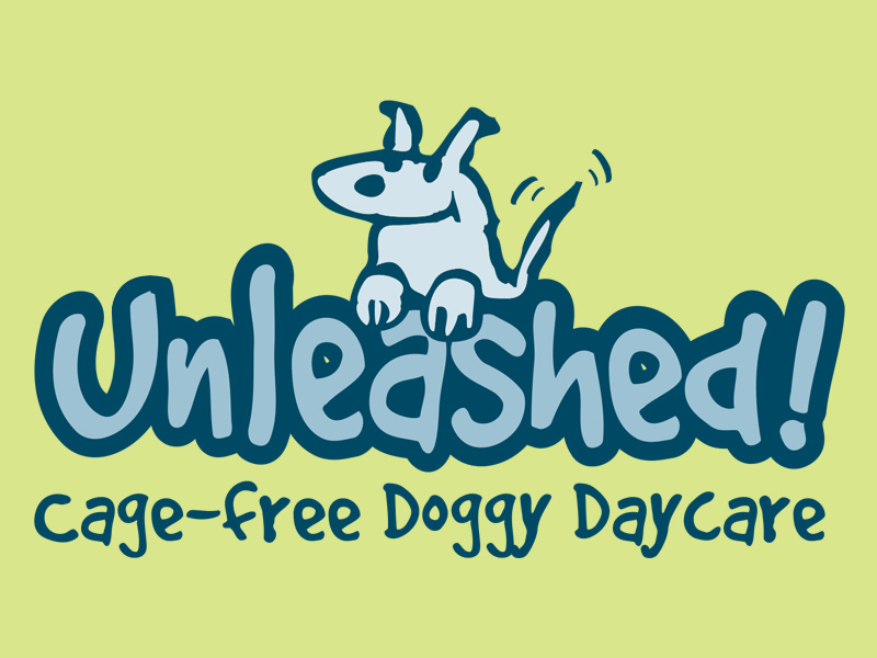 Unleashed! Cage-free Doggy Daycare logo featuring cartoon dog